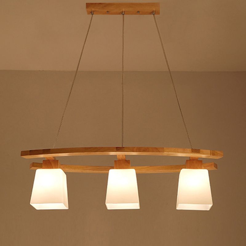 Trapezoid Dining Room Island Lamp Ivory Glass 3-Bulb Minimalist Suspension Pendant Light in Wood