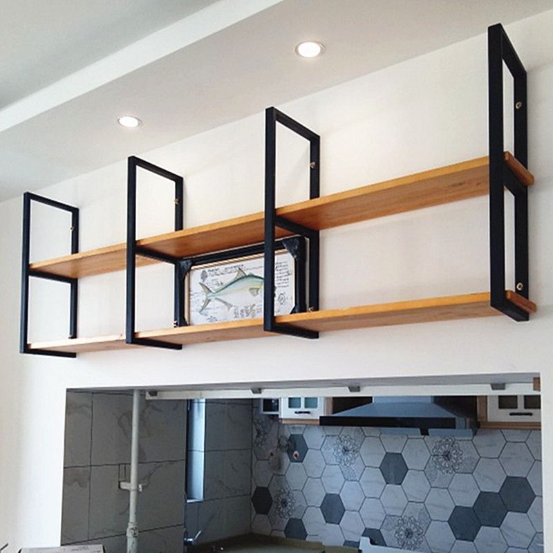 Industrial Wooden Storage Bookshelf Wall Mounted Bookcase with Rectangle Shelves