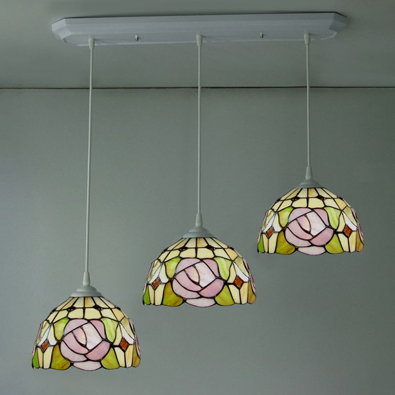 Koepel glas in lood slinger lichte victoriaanse 3 koppen witte roos patroon cluster hanglamp voor eetkamer