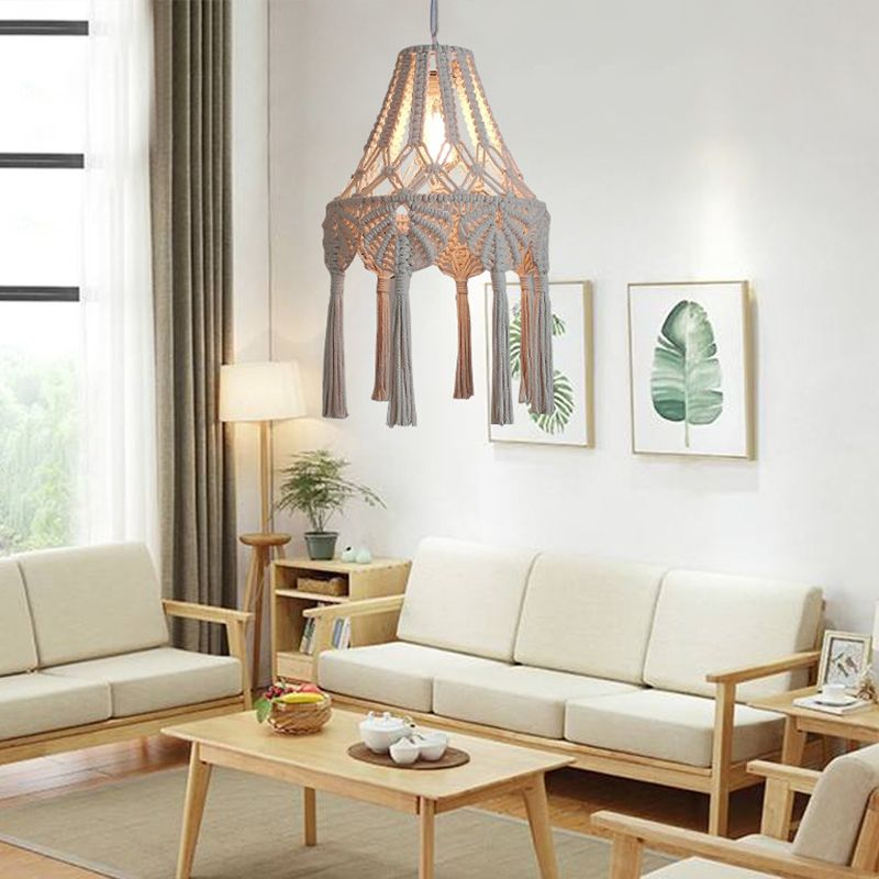 Scalloped Rope Suspension Lamp Countryside 1 Light Living Room Hanging Ceiling Light in Beige with Tassel Fringe