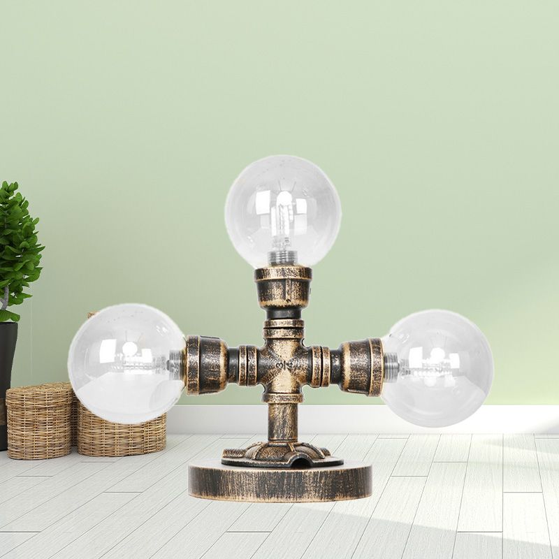 Lampada da scrivania industriale con paralume rotondo Illuminazione da lavoro in vetro trasparente/ambrato a 2/3 lampadine in argento antico/bronzo con base