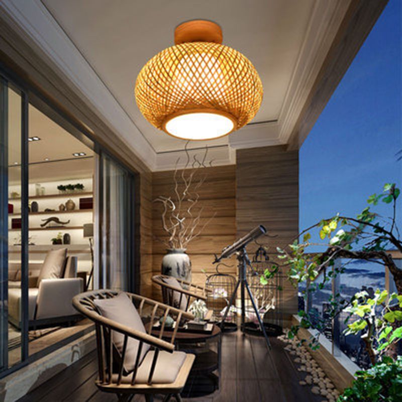 Asian Style Handmade Bamboo Weaving Ceiling Light 1 Head Wooden Ceiling Lamp for Restaurant
