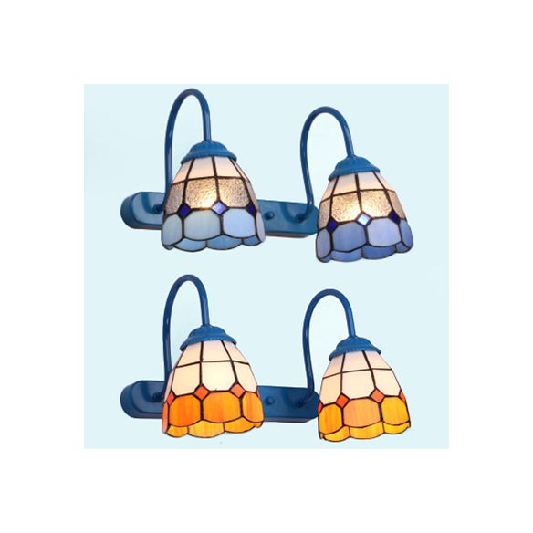 Dome Wall Light Fixture 2 Heads Blue/Yellow Glass Tiffany Vanity Sconce Light for Bathroom