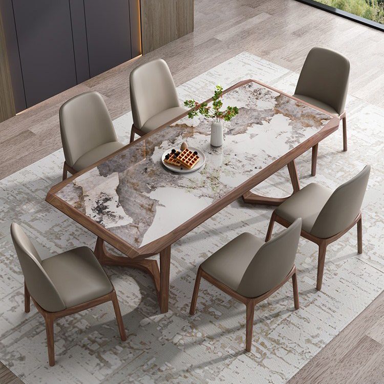Brown Finish Legs Dining Site Table Modern Stone Top Rectangle Counter Dining Table