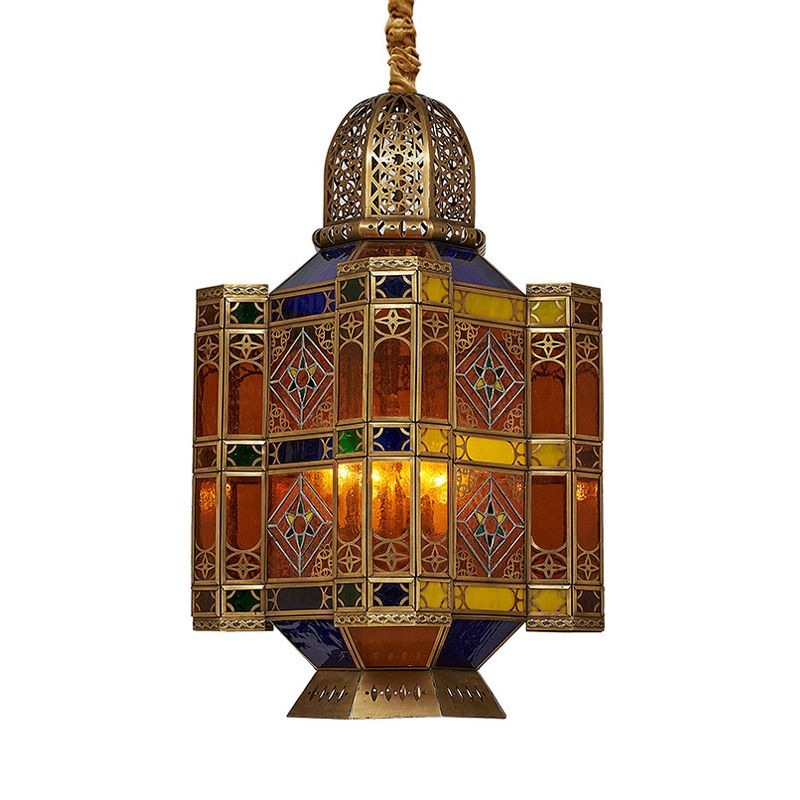 Etched Lantern Restaurant Ceiling Lamp Traditional Stained Art Glass 3 Heads Brass Hanging Chandelier