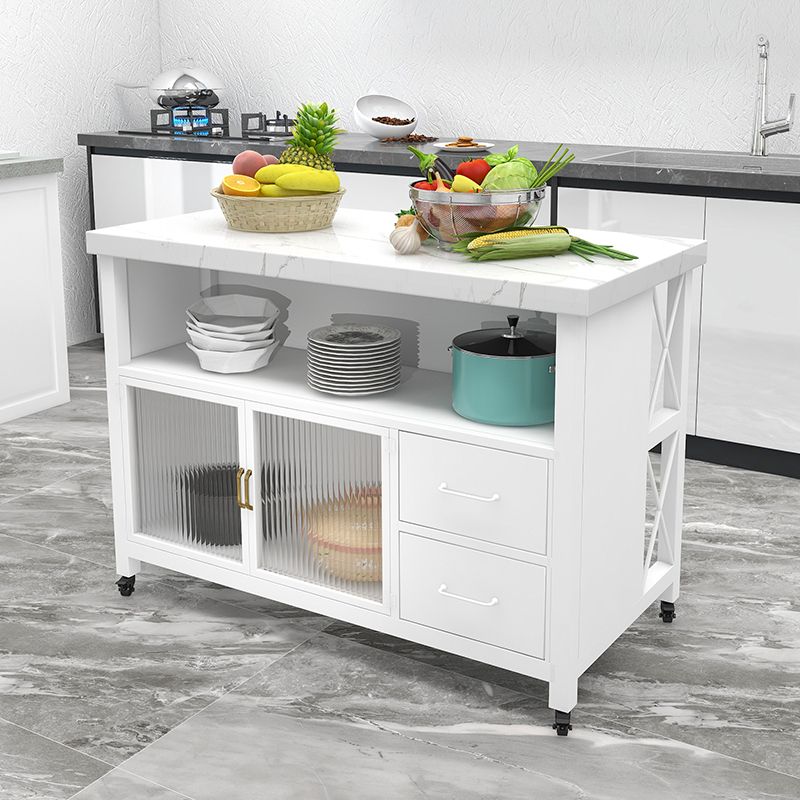 Modern Rolling Kitchen Cart Marble Kitchen Island Cart with Double Sided Cabinet