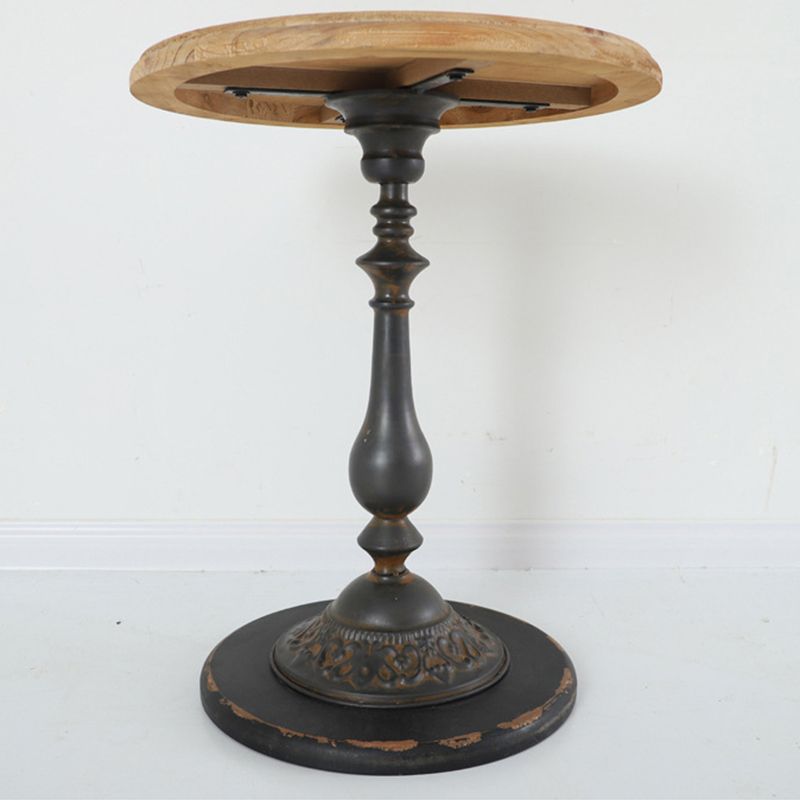 French Country Round Solid Wood Top Coffee Table Iron Pedestal Cocktail Table