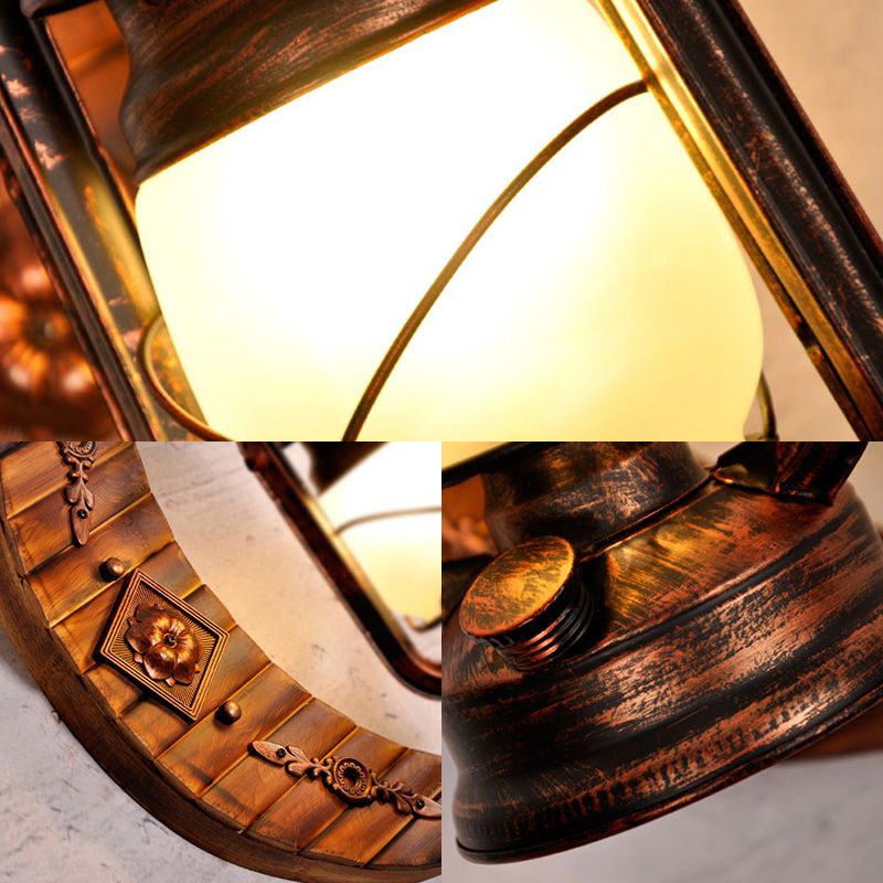 Frosted Glass Lantern Sconce Lighting Coastal 1 Light Living Room Wall Mounted Lamp in Weathered Copper