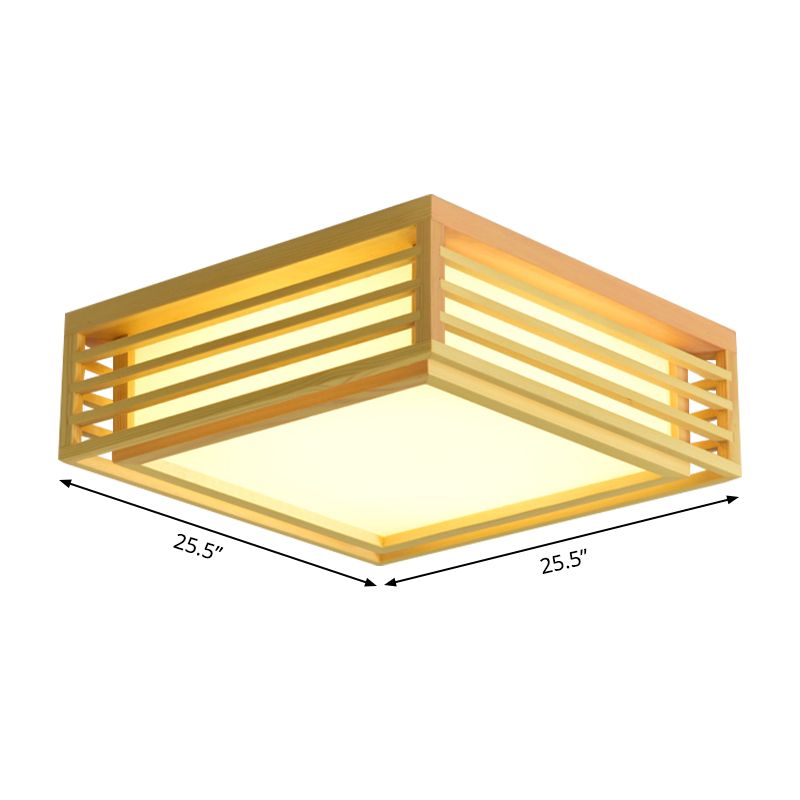 Japanische beige LED-Deckenleuchte, quadratische Wohnzimmer-Deckenleuchte aus Acryl in warmem/weißem Licht mit Holzkäfig