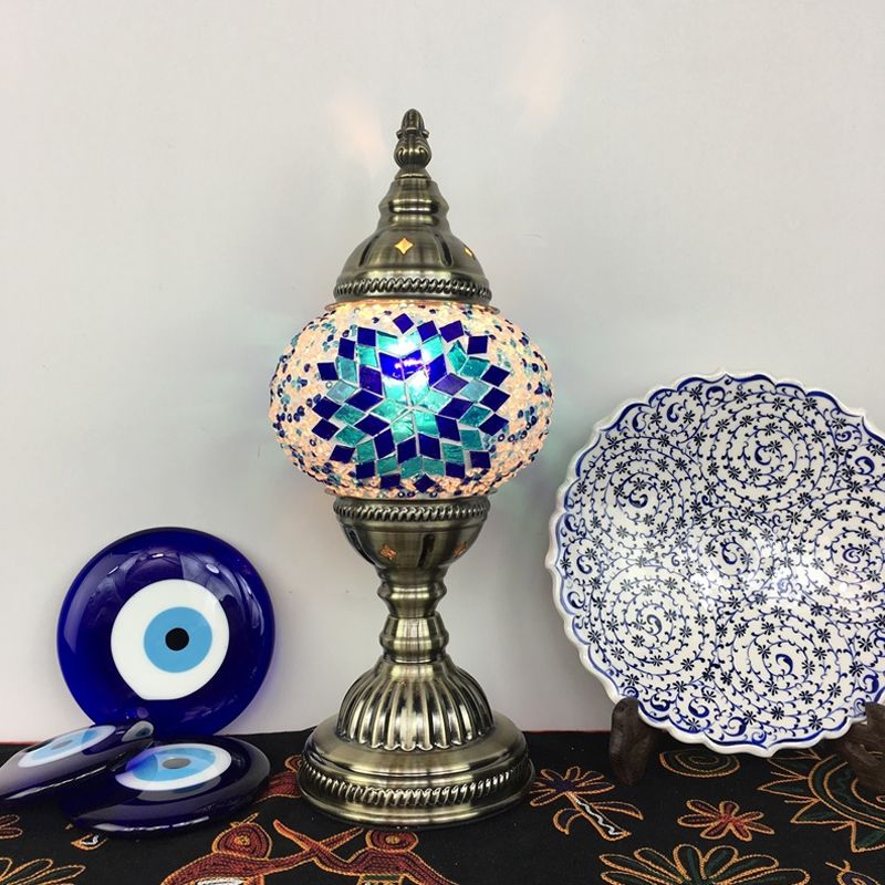 Single Night Stand Light Turkish Bedroom Table Lamp with Spherical Yellow/Red/Blue Glass Shade in Bronze