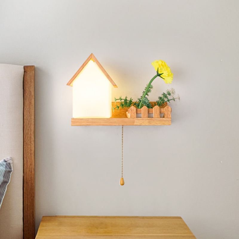 House Bedroom Sconce Light Industrial Frosted Glass 1 Bulb Wood LED Flower Wall Lighting, Left/Right