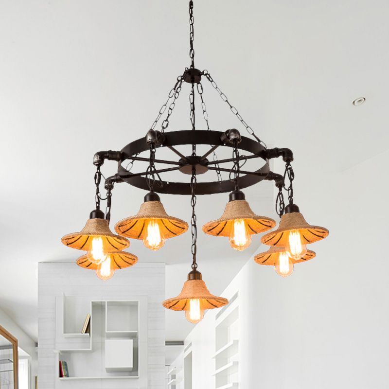Warehouse Wheel Chandelier Light 7/9 Heads Metal Hanging Lamp Kit in Beige with Flared Rope Shade