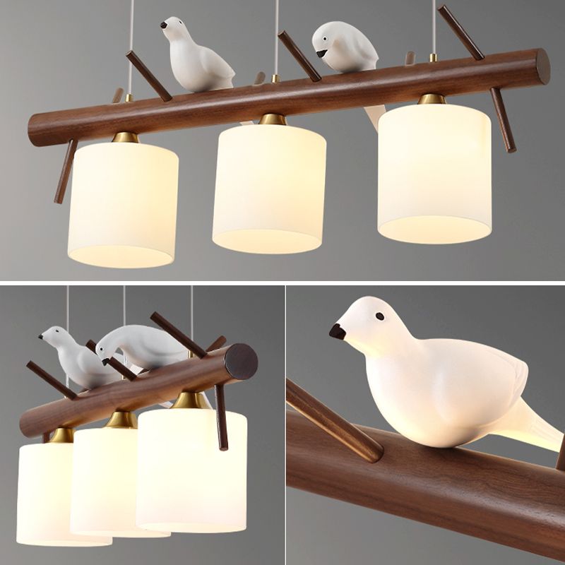 Wood Modern Pendant Light Cylinder Shape Island Light with Glass Shade for Living Room