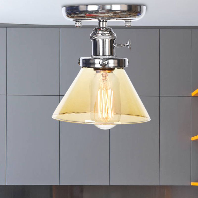 1 Bulb Semi Flush Mount Cone/Bell/Rhombus Industrial Clear/Amber Glass Ceiling Light in Chrome