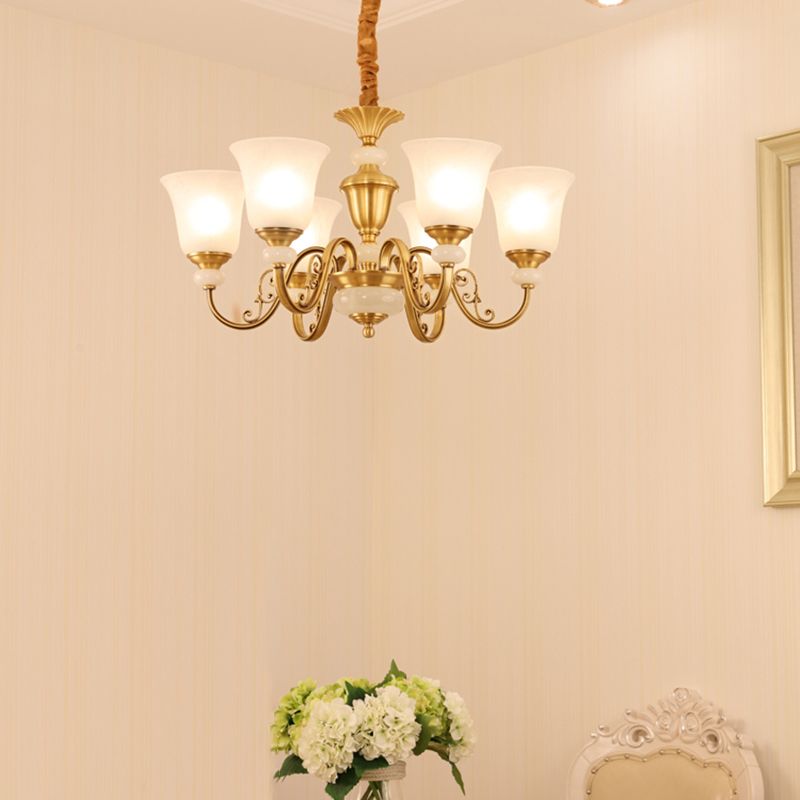 Frosted White Glass Bell Pendant Light Minimalist 6-Bulb Dining Room Chandelier in Gold