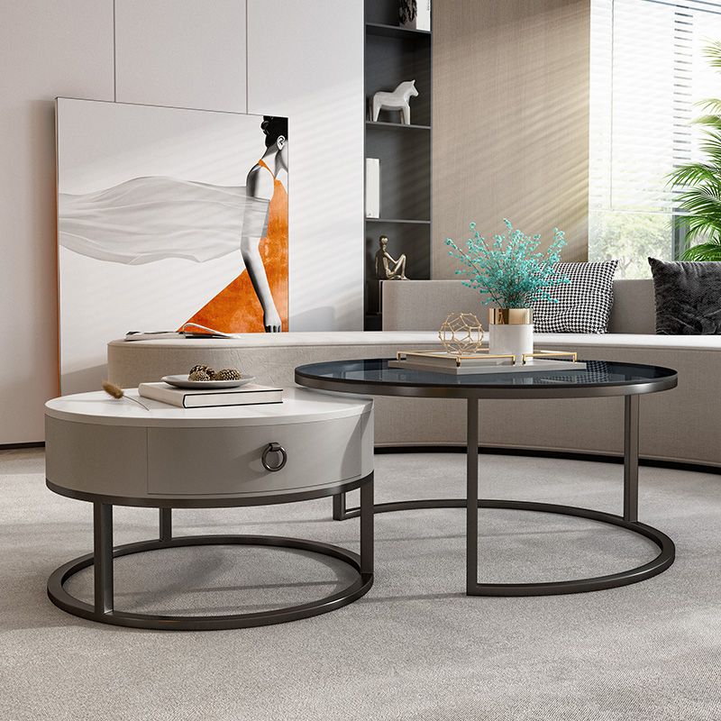 Round Glass Top Coffee Table Contemporary Frame Coffee Cocktail Table with Drawers