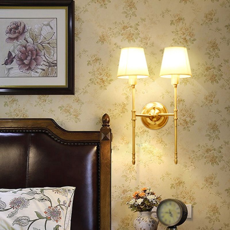 Fabric Empire Shade Wall Lighting Fixture Simplicity Bedroom Wall Sconce Lamp with Elongated Arm in Gold