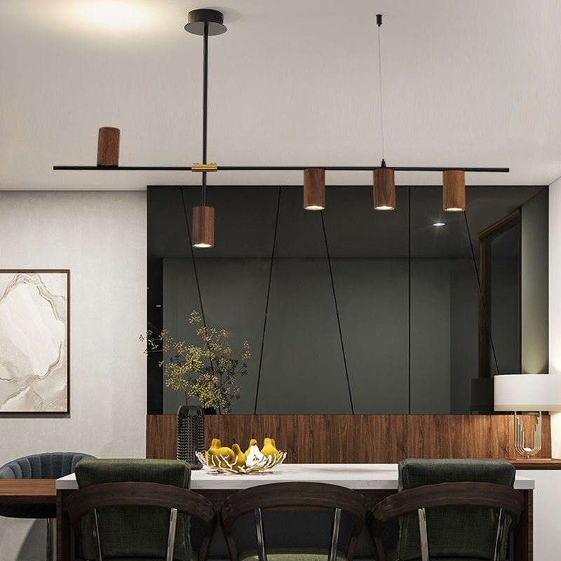 Modern Metal Island Lights Multi-Head Restaurant Hanging Lamp with Cylinder Walnut Shade