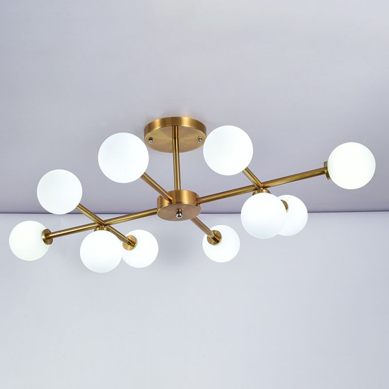 Living Room Semi Flush Light Fixture Minimalist Gold Semi Mount Lighting with Round Glass Shade