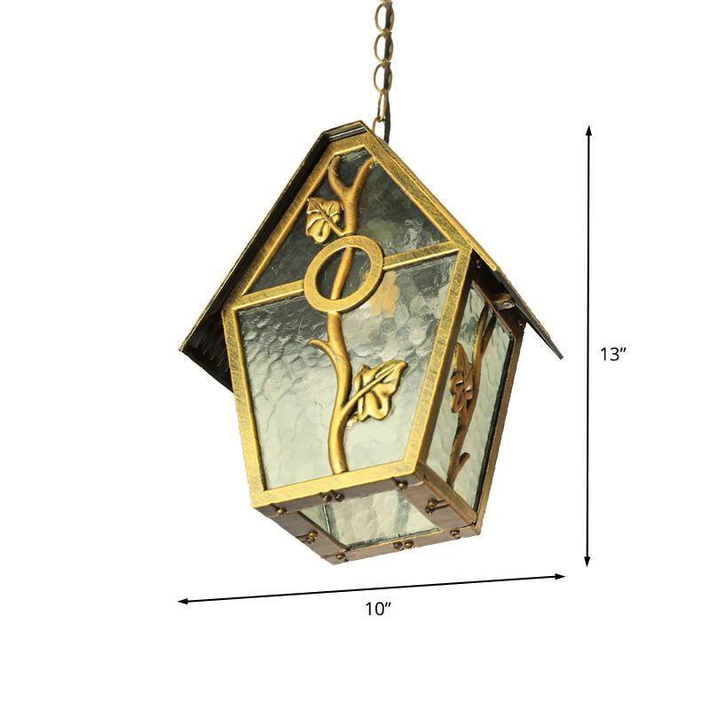 Aluminum Brass Hanging Light Kit House Shape 1-Bulb Country Ceiling Suspension Lamp with Clear/Frosted/Ribbed Glass Shade