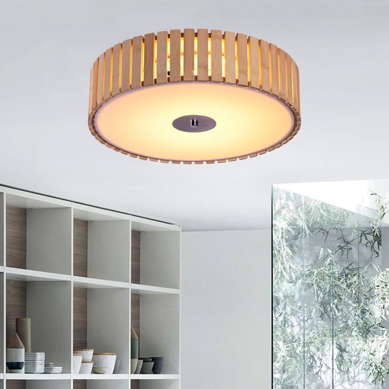 Bamboo Drum Shade Flush Mount Light Modern Style 15"/19" W LED Beige Ceiling Light Fixture for Living Room