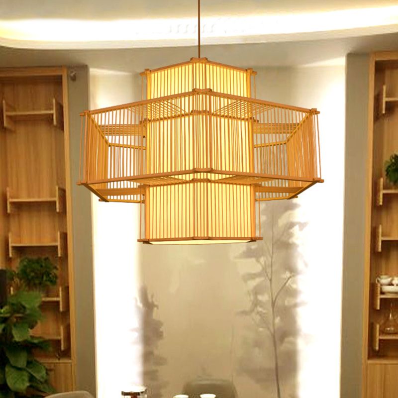 Bamboo Asia Pendant Light 1-Light Beige Hanging Ceiling Light for Tea Room
