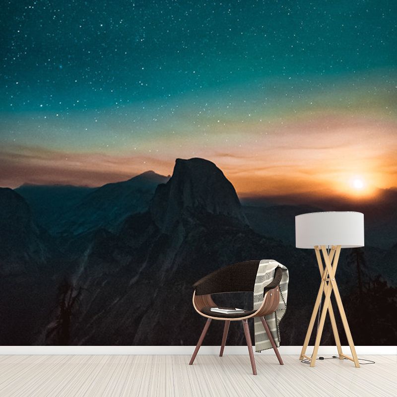 Full Night Sky Mural Wallpaper in Blue and Orange Non-Woven Fabric Wall Covering for Accent Wall, Custom-Made