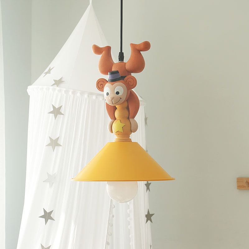 Kids Cartoon Monkey Ceiling Light Resin 1/3 Lamps Bedroom Hanging Pendant in Yellow with Cone Shade
