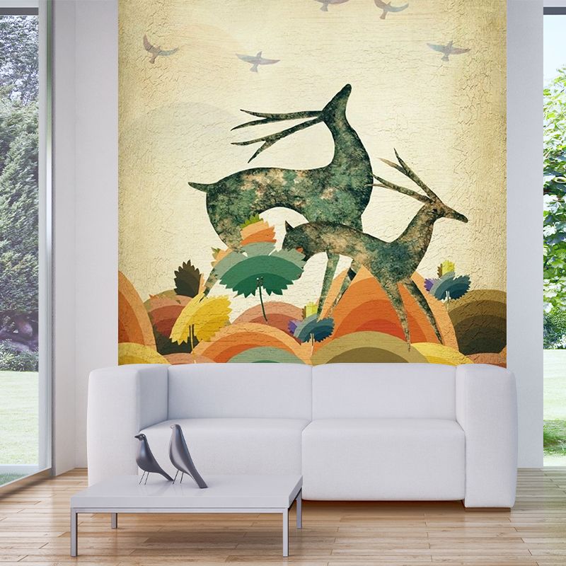 Wild Land Deers Wallpaper Murals Beige Scandinavian Wall Decoration for Living Room