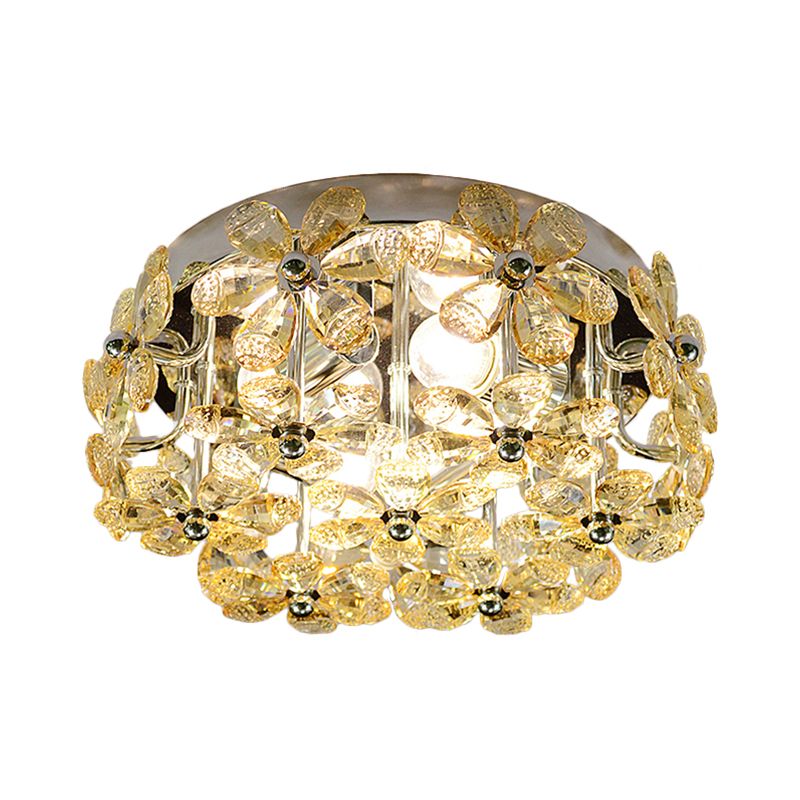 Chrome Blossom Flush Mount Lighting Modernist 4 Bulbs Clear/Amber Crystal Close to Ceiling Light with Round Design