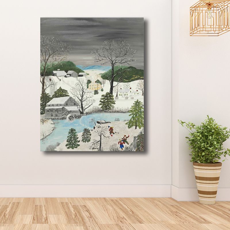 Children in the Snow Painting White Vintage Wall Art Decor for Bedroom (Multiple Size Options)