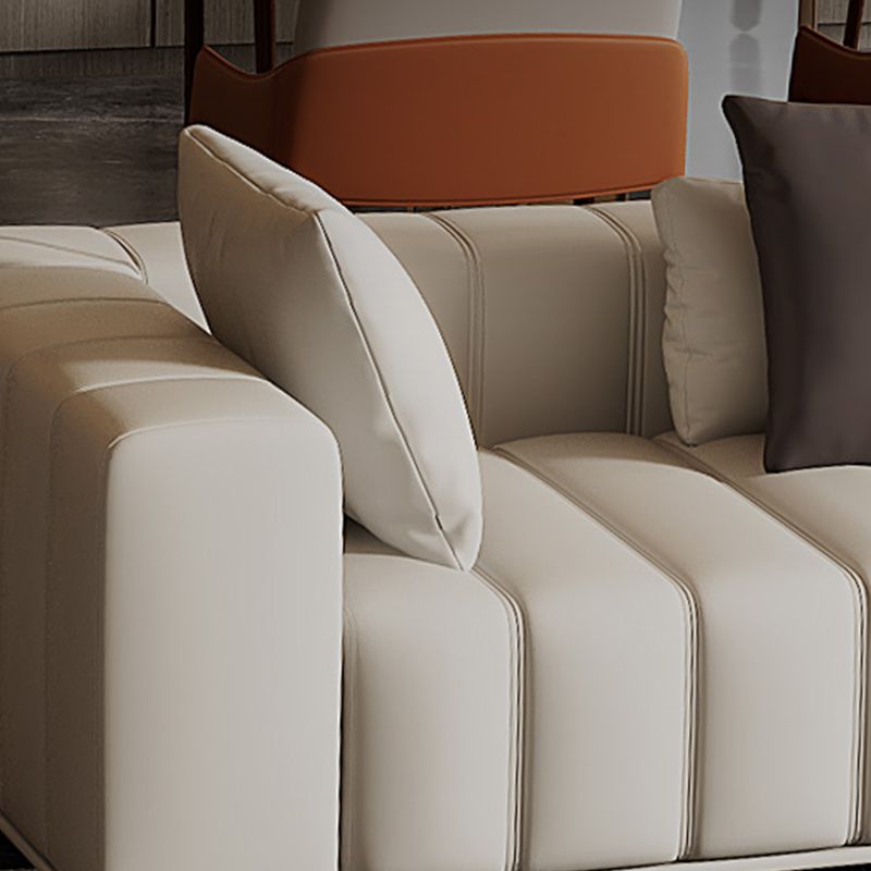 Genuine Leather Sofa with Pillows 24" H Square Arm Sofa in Beige and Brown