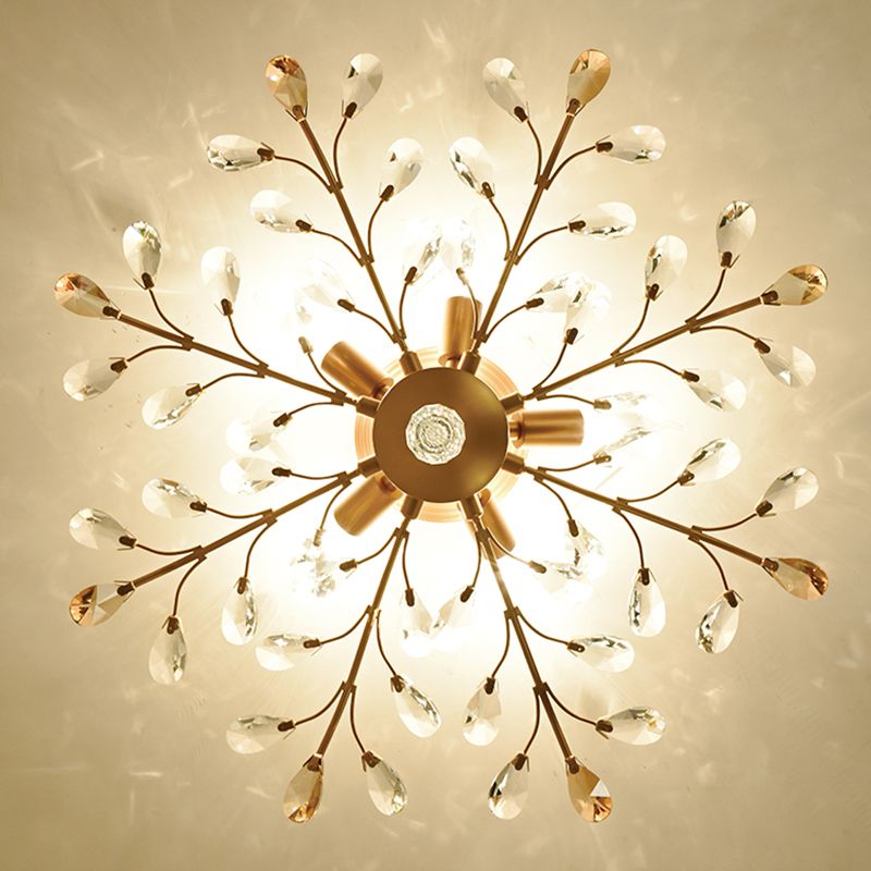 Unique Shape Crystal Flush Light Modern Style Multi Lights Flush Mount Fixture in Brass