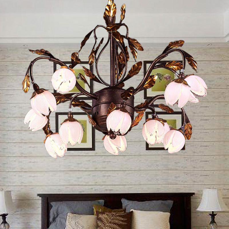 Purple Glass Blossom Chandelier Country Style 12 Heads Dining Room Pendant Light Fixture in Brown