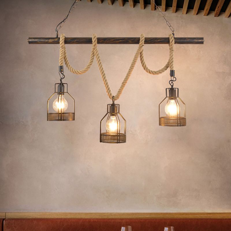 Global/Bottle Restaurant Island Pendant Light Iron 3 Lights Retro Style Black Ceiling Light with Hanging Rope