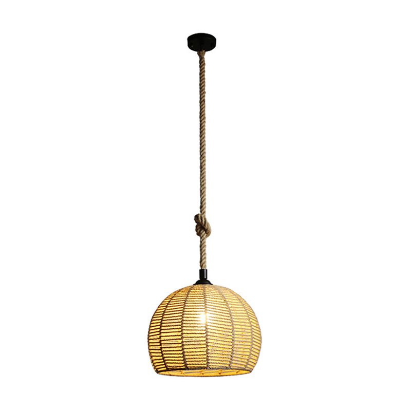 Spherical Shade Rattan Hanging Light 1-Light Asian Style Pendulum Light in Beige