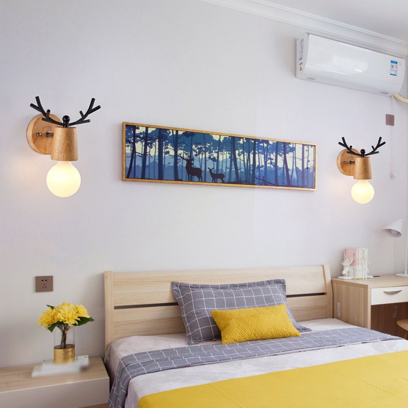 Wooden Wall Lamp in Modern Minimalist Style White Glass Wall Sconce with Antler Decoration