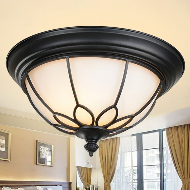 2 Bulbs Flush Mount Lighting Retro Floral Iron Flush Mount Ceiling Light with Bowl Opal Glass Shade in Black