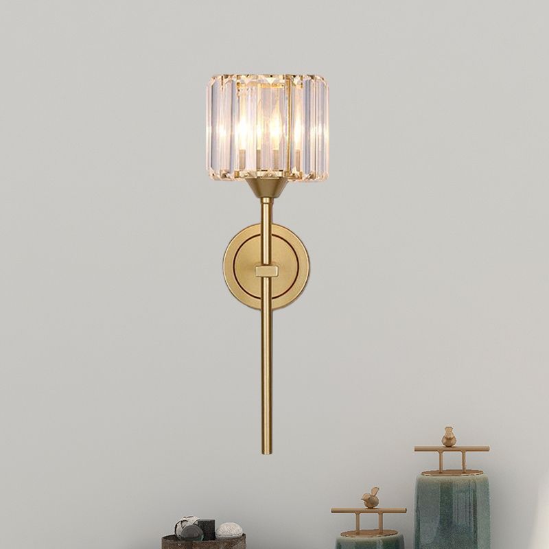 Simplicity Cylindrical Wall Lamp 1 Head Clear Crystal Block Sconce in Gold with Pencil Arm