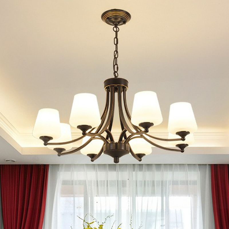 Tapered Shade White Frost Glass Suspension Light Rustic Living Room Chandelier Light