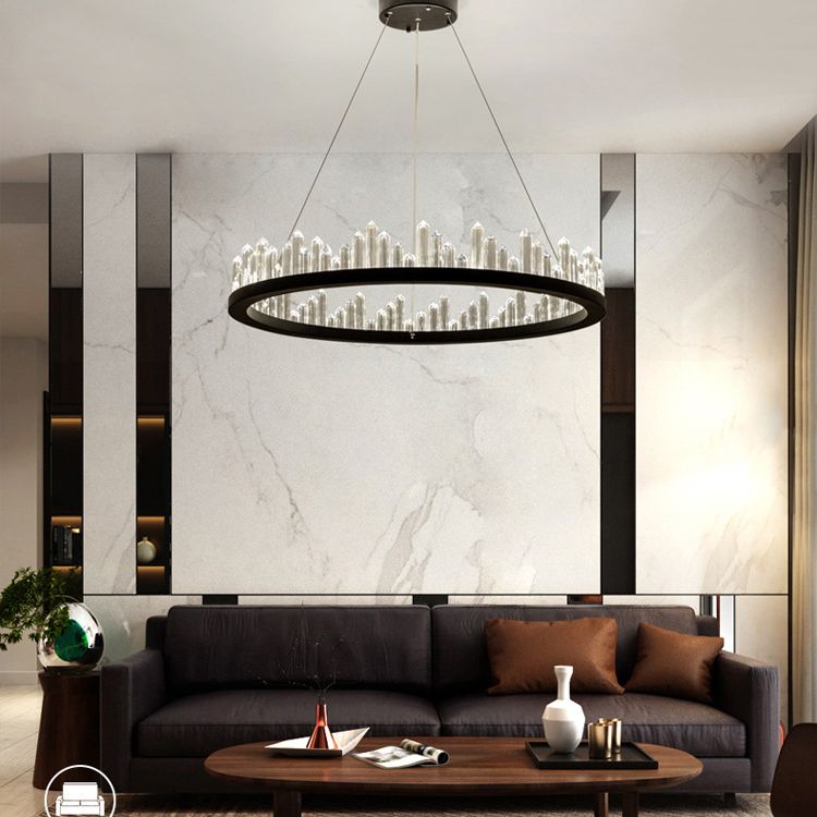 Black Circular LED Pendant Light in Modern Luxury Style Wrought Iron Hanging Lamp with Crystal Shade