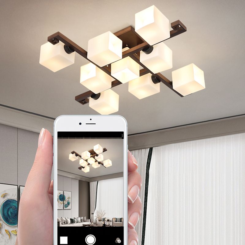 Square Shape Wood Flush Light Modern Style Multi Lights Flush Mount Fixture