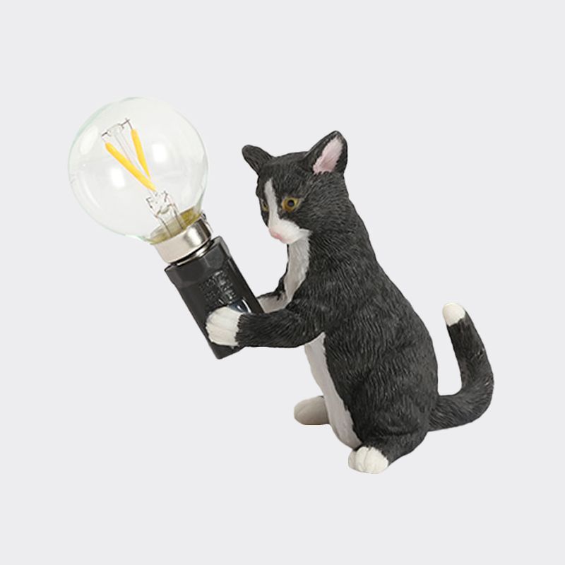 Tabby Cat Holder Table Lamp Kids Iron 1 Bulb Black/Yellow/Blue Nightstand Light with Bare Bulb Design