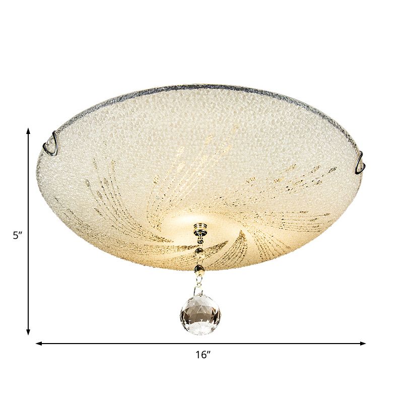 Plafonnier en forme de dôme moderne en verre dépoli, 3 lumières, plafond blanc, avec goutte de cristal