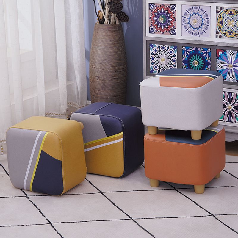 Contemporary Pouf Ottoman Fabric Upholstered Patchwork Solid Wood Frame Square Ottoman