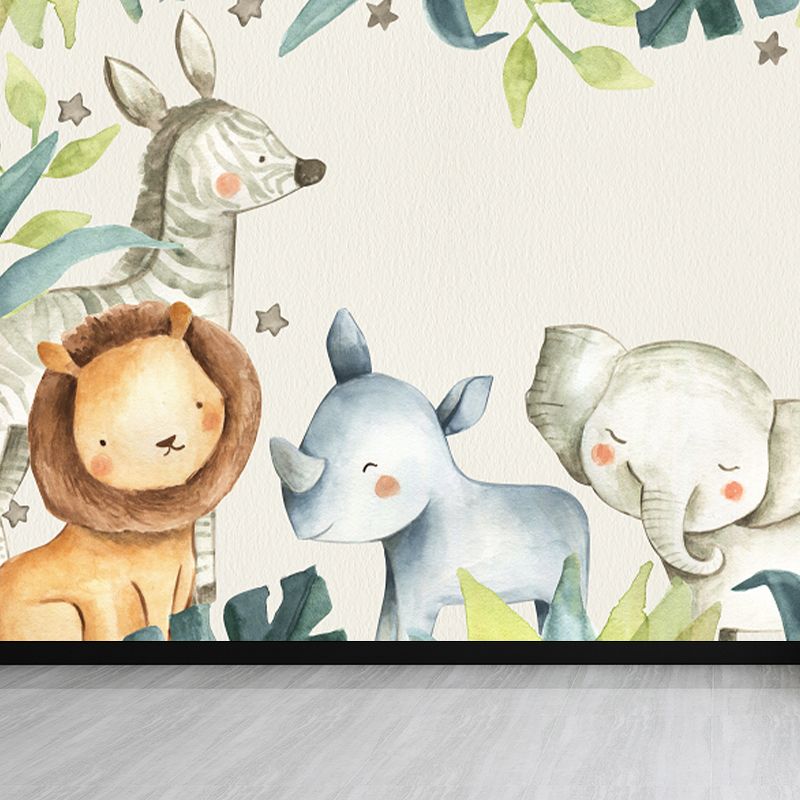 Cartoon Animals Wallpaper Mural for Baby Room Personalized Size Wall Decor in Beige