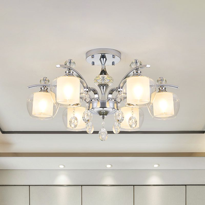 Clear Glass Sputnik Semi Flush Modernist 6 Heads Living Room Flushmount in Chrome with Crystal