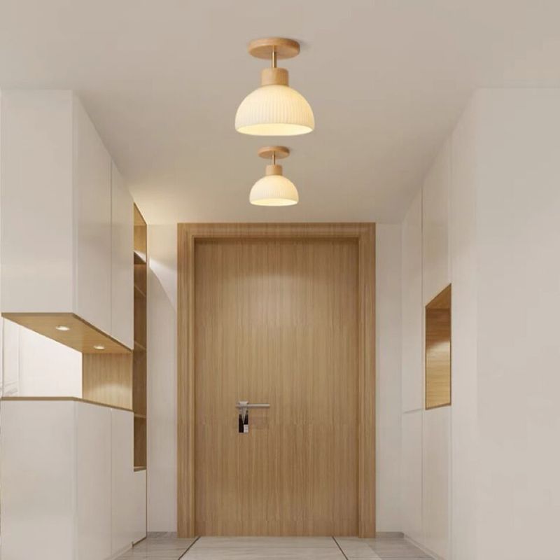 Contemporary Wood Ceiling Light White Shaded Flush Mount Lighting for Home