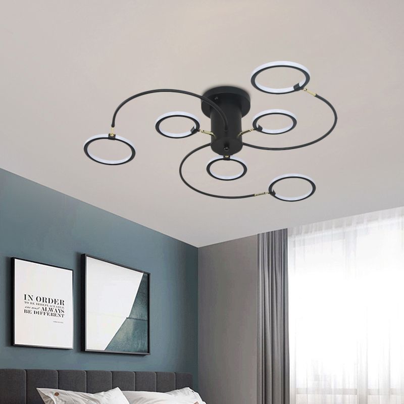 Plafonnier Semi-encastré à tourbillon noir/or, éclairage moderne en acrylique avec anneaux pour chambre à coucher