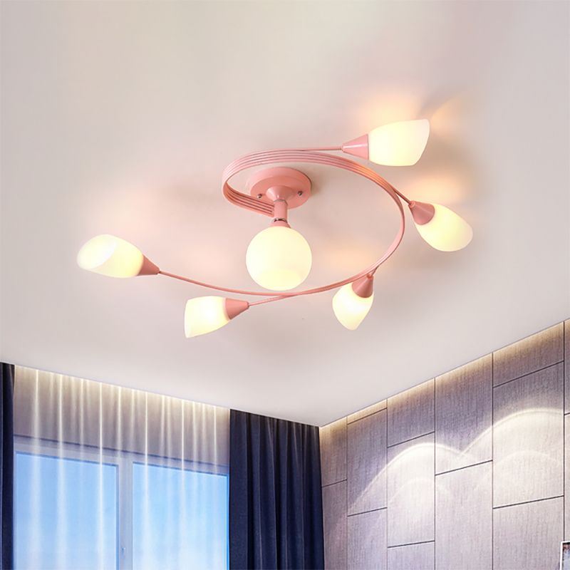 Curly Semi Flush Mount Light Nordic Fer 4/6 HEAD GREN / ROSE / JAUNE PLAFICATION AVEC BLAND D'ECVOIRE DE VERRE